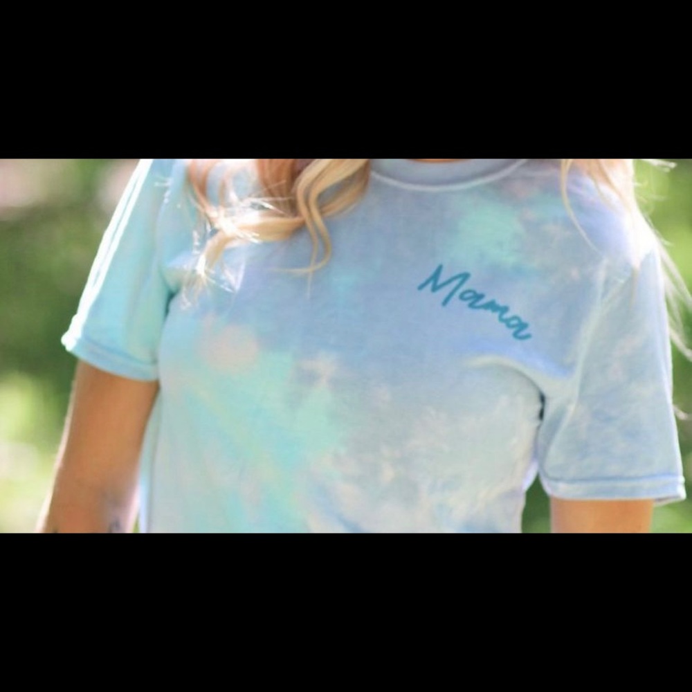Tie-dye Mama tee with hidden Bible verse.